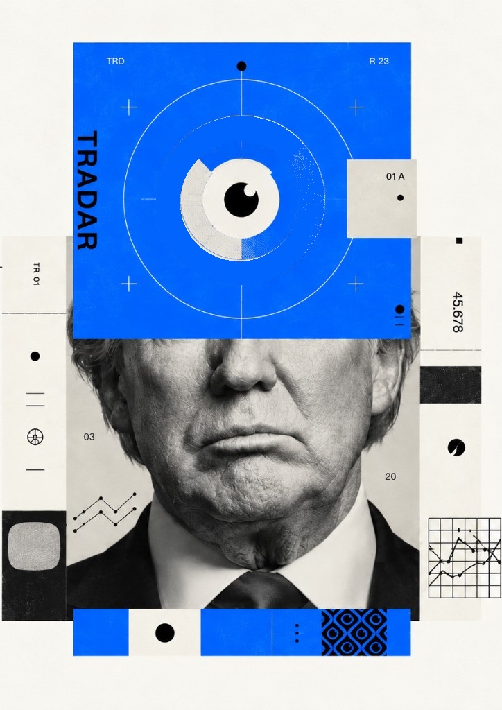 Editorial graphic: Tradar eye over a black-and-white portrait